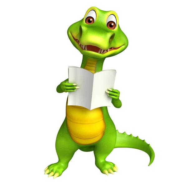 Aranyos Aligator rajzfilmfigura, olvasás híreket papír — Stock Fotó