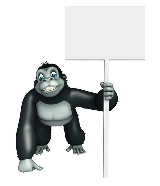 Gorila bonito personagem de desenho animado com placa branca — Fotografia de Stock