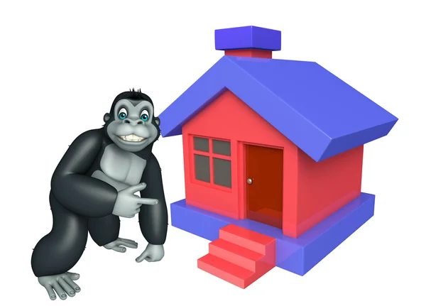 Zábava gorila kreslená postava s home — Stock fotografie