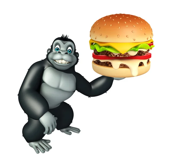 Niedliche Gorilla-Cartoon-Figur mit Burger — Stockfoto