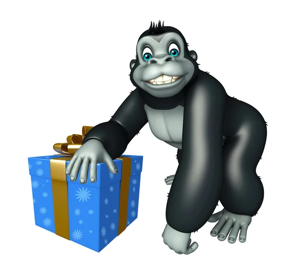 Divertido personaje de dibujos animados gorila con caja de regalo —  Fotos de Stock