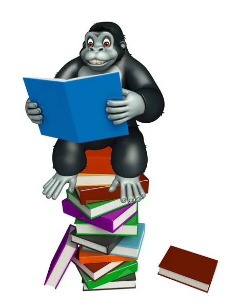 Schattig Gorilla stripfiguur met boek stack — Stockfoto