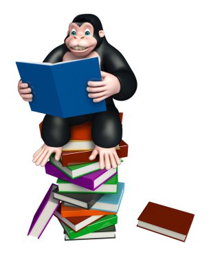 kitap yığını ile şirin goril çizgi film karakteri