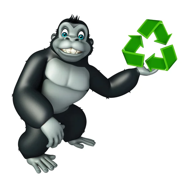 Mignon personnage de dessin animé Gorilla avec signe de recyclage — Photo