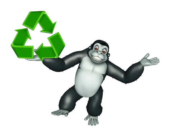 可爱的大猩猩的卡通人物与回收标志 — 图库照片