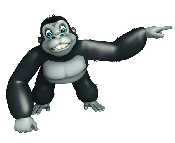 Cute Gorilla cartoon character with pointing towards black space — Stock Photo, Image