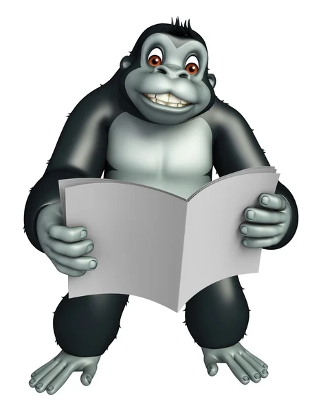 Lindo personaje de dibujos animados gorila con papel de noticias —  Fotos de Stock
