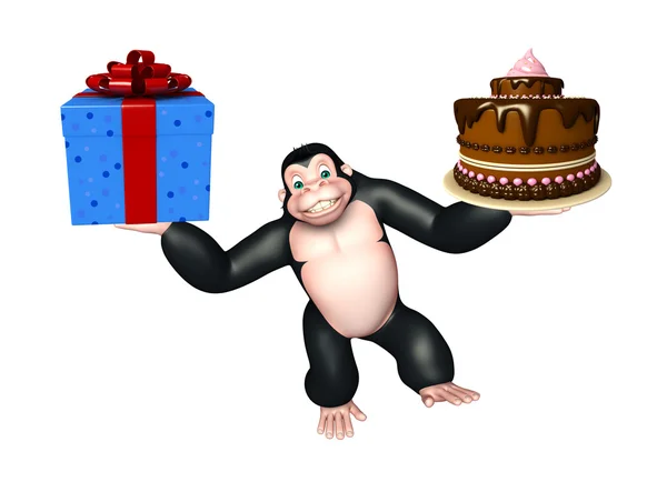 Divertido personaje de dibujos animados gorila con caja de regalo y pastel —  Fotos de Stock