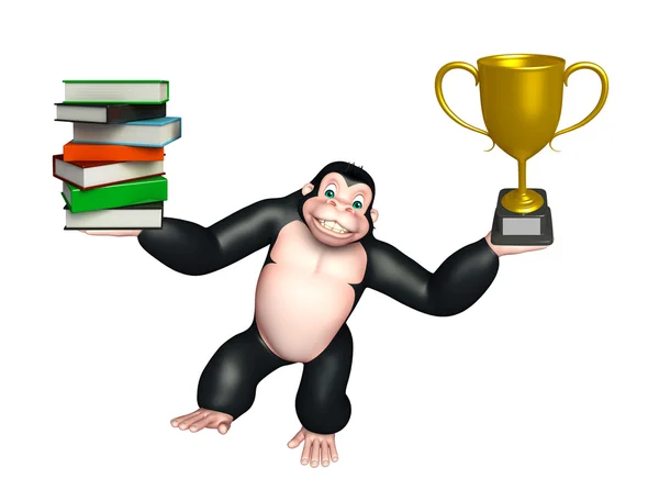 Zabawy goryl postać z kreskówek z książki stosu i zwycięski Puchar — Zdjęcie stockowe