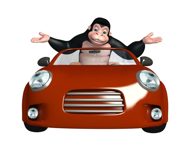 Divertido Gorilla personagem dos desenhos animados com carro — Fotografia de Stock