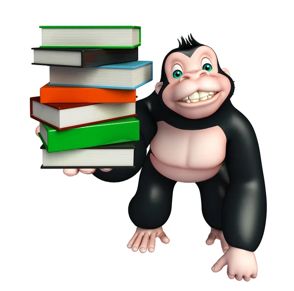 Niedliche Gorilla-Cartoon-Figur mit Bücherstapel — Stockfoto