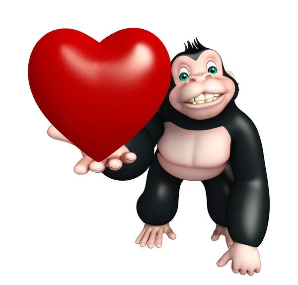 Goril çizgi film karakteri kalp işareti ile eğlenceli — Stok fotoğraf