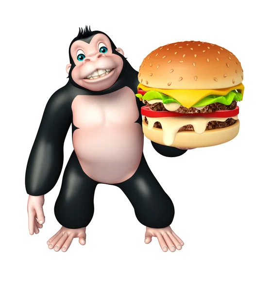 Niedliche Gorilla-Cartoon-Figur mit Burger — Stockfoto