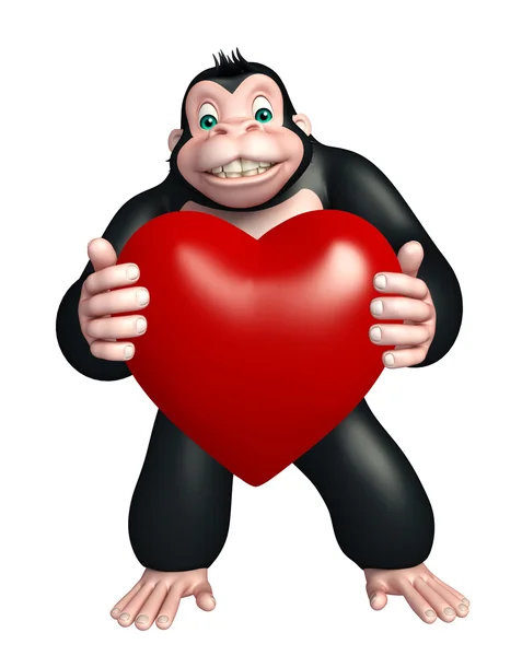 Διασκέδαση Gorilla χαρακτήρα κινουμένων σχεδίων με το σύμβολο της καρδιάς — Φωτογραφία Αρχείου