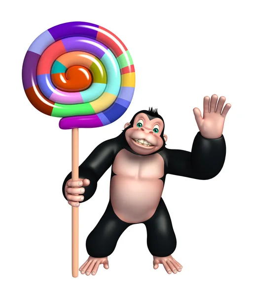 Karakter kartun Gorilla yang menyenangkan dengan lollipop — Stok Foto