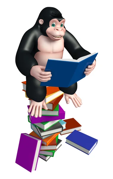 Niedliche Gorilla-Cartoon-Figur mit Bücherstapel — Stockfoto