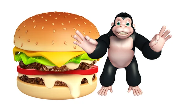 Niedliche Gorilla-Cartoon-Figur mit Burger — Stockfoto