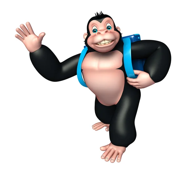 Bonito Gorila personagem de desenho animado com saco escolar — Fotografia de Stock