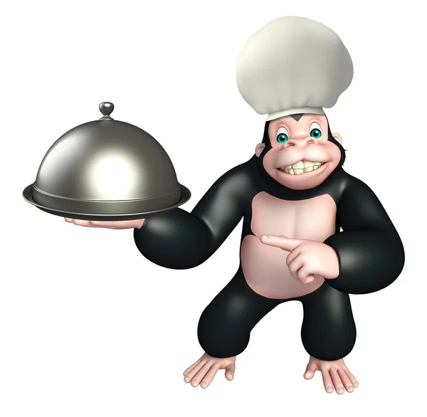 Gorilla cartoon character  with chef hat, spoon and cloche — Stock Photo, Image