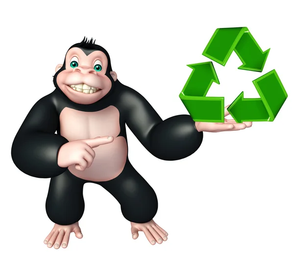 Gorila bonito personagem de desenho animado com sinal de reciclagem — Fotografia de Stock