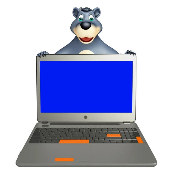 Leuke beer stripfiguur met laptop — Stockfoto