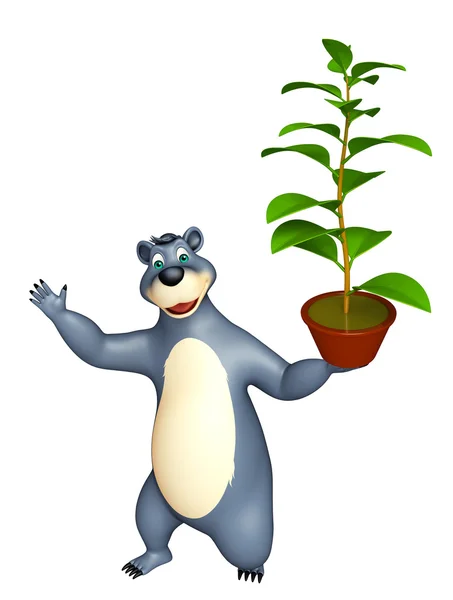 Divertido Urso personagem de desenho animado com planta — Fotografia de Stock