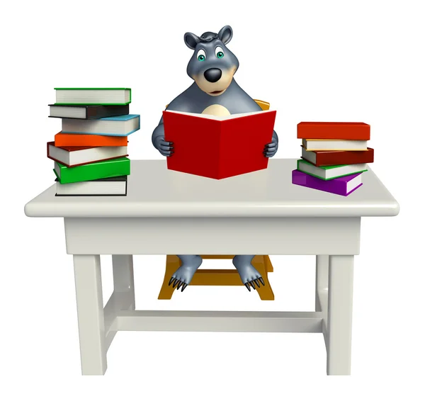 Divertido personaje de dibujos animados oso con mesa, silla y pila de libros —  Fotos de Stock
