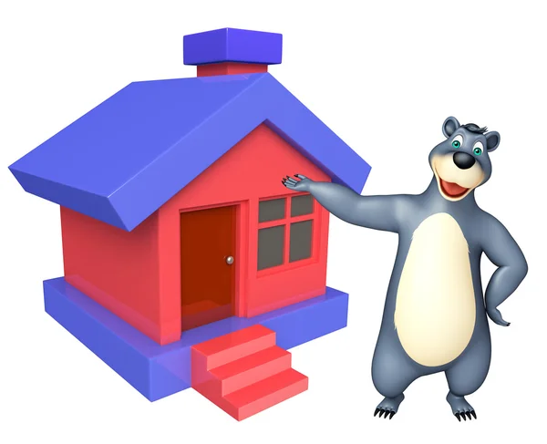 Divertido Urso personagem de desenho animado com casa — Fotografia de Stock
