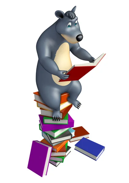 Carino orso personaggio dei cartoni animati con libro stack — Foto Stock