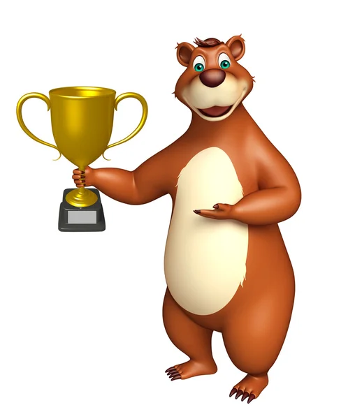 Roztomilý medvídek kreslená postava s vítězný pohár — Stock fotografie
