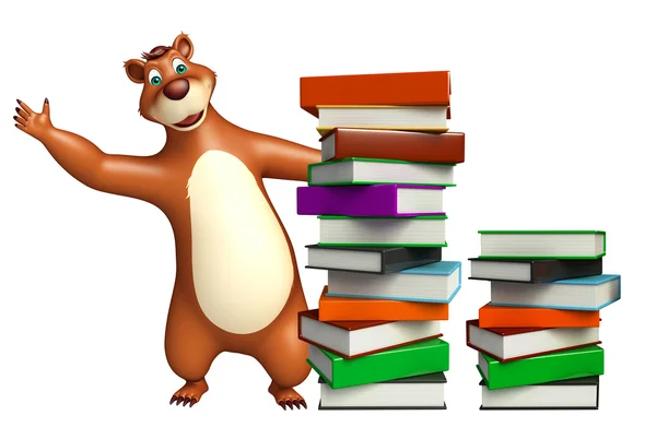 Милый персонаж мультфильма "Медвежонок" со стопкой книг — стоковое фото