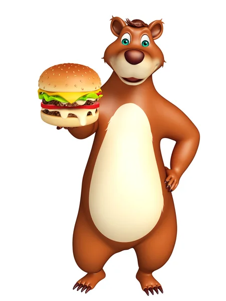 Söta bär cartoon karaktär med burger — Stockfoto