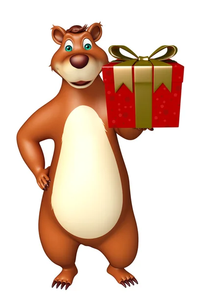 Divertido personaje de dibujos animados oso con caja de regalo —  Fotos de Stock