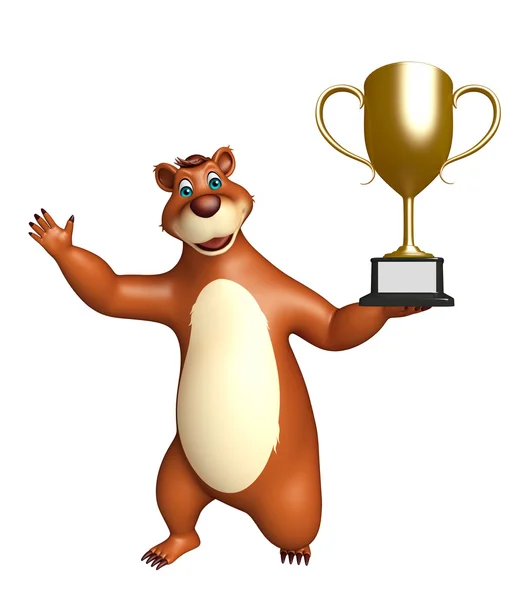 Zábava medvěd kreslená postava s vítězný pohár — Stock fotografie