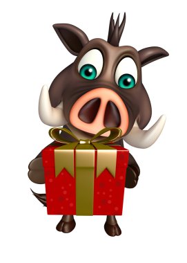 sevimli yaban domuzu çizgi film karakteri ile hediye kutusu