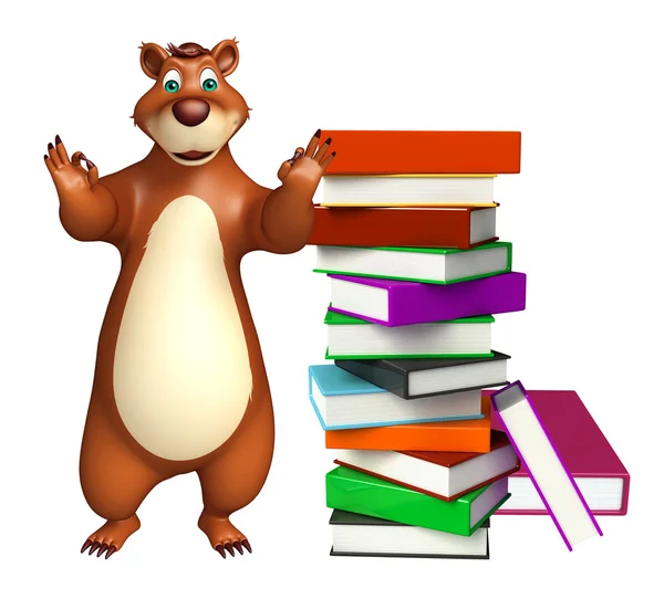 Urso bonito personagem de desenho animado com pilha de livro — Fotografia de Stock