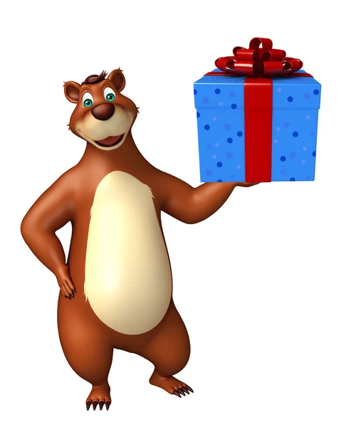 Lindo personaje de dibujos animados oso con caja de regalo —  Fotos de Stock