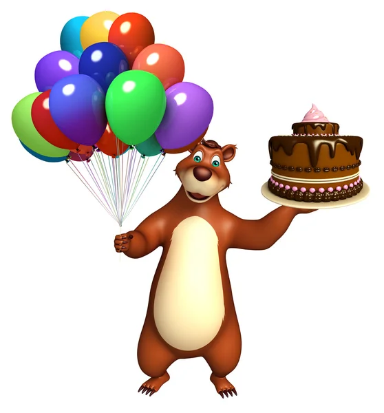 Niedlichen Bären Cartoon-Figur mit Kuchen und Luftballon — Stockfoto