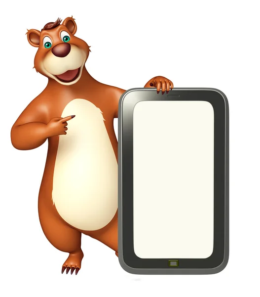 Divertido Urso personagem de desenho animado com celular — Fotografia de Stock