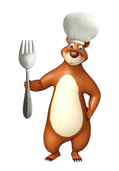 Oso personaje de dibujos animados con plato de cena y sombrero de chef —  Fotos de Stock