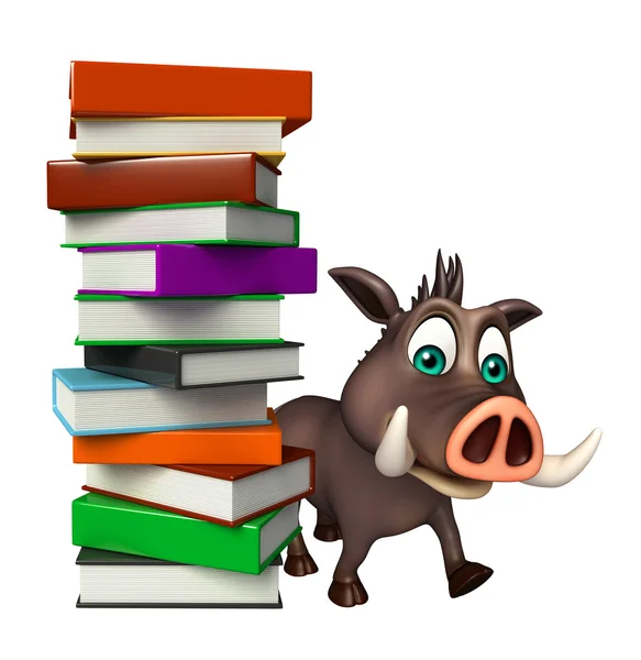 Kul vildsvin seriefiguren med boken stack — Stockfoto