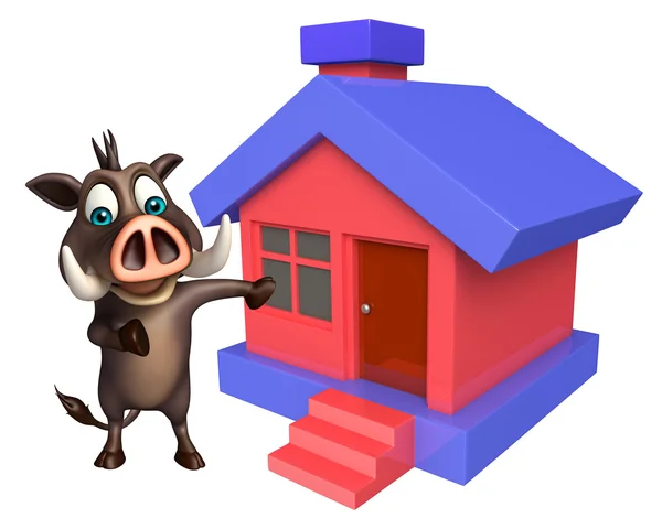 Divertido personaje de dibujos animados de jabalí con el hogar — Foto de Stock