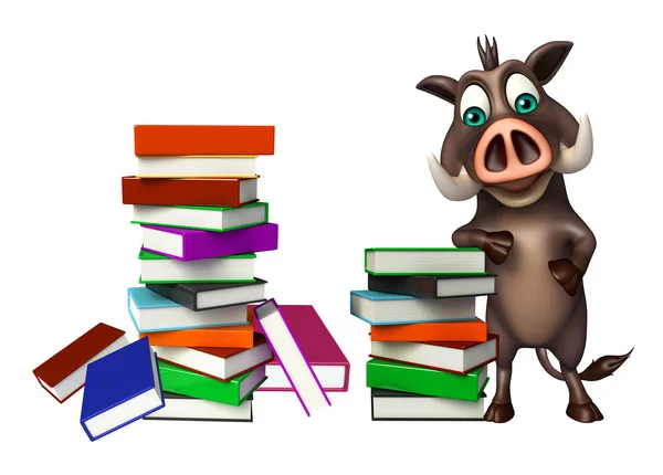 Fun Boar cartoon character with book stack — Stock Photo, Image