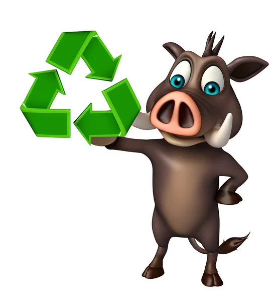 Caráter de desenho animado javali com sinal de reciclagem — Fotografia de Stock
