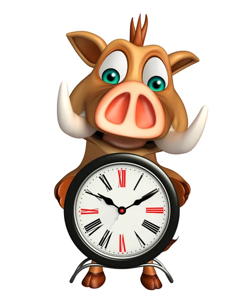 Eğlenceli yaban domuzu çizgi film karakteri ile masa saati — Stok fotoğraf