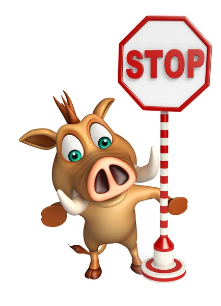 Niedlichen Wildschwein Cartoon-Figur mit Stoppschild — Stockfoto