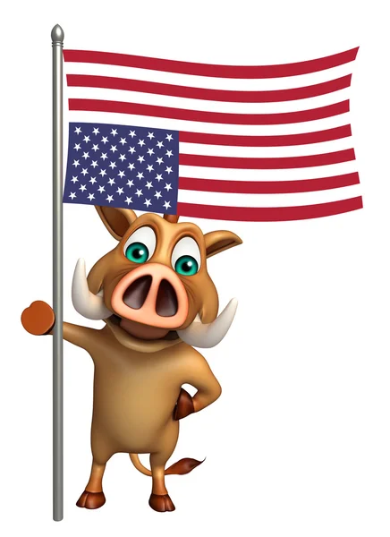 Yaban domuzu çizgi film karakteri bayrak ile eğlenceli — Stok fotoğraf
