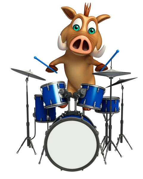 Lindo personaje de dibujos animados de jabalí con tambor — Foto de Stock