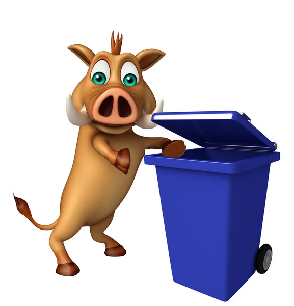 Divertido personaje de dibujos animados de jabalí con cubo de basura —  Fotos de Stock