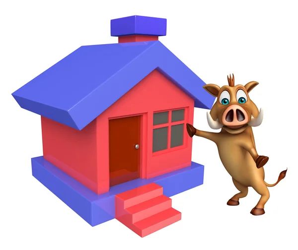 Lindo personaje de dibujos animados de jabalí con el hogar — Foto de Stock